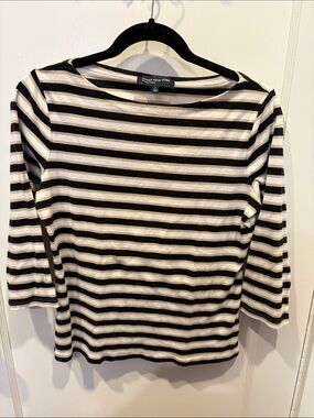 Jones New York Black & Cream Striped Boatneck 3/4 Sleeve Top BN533